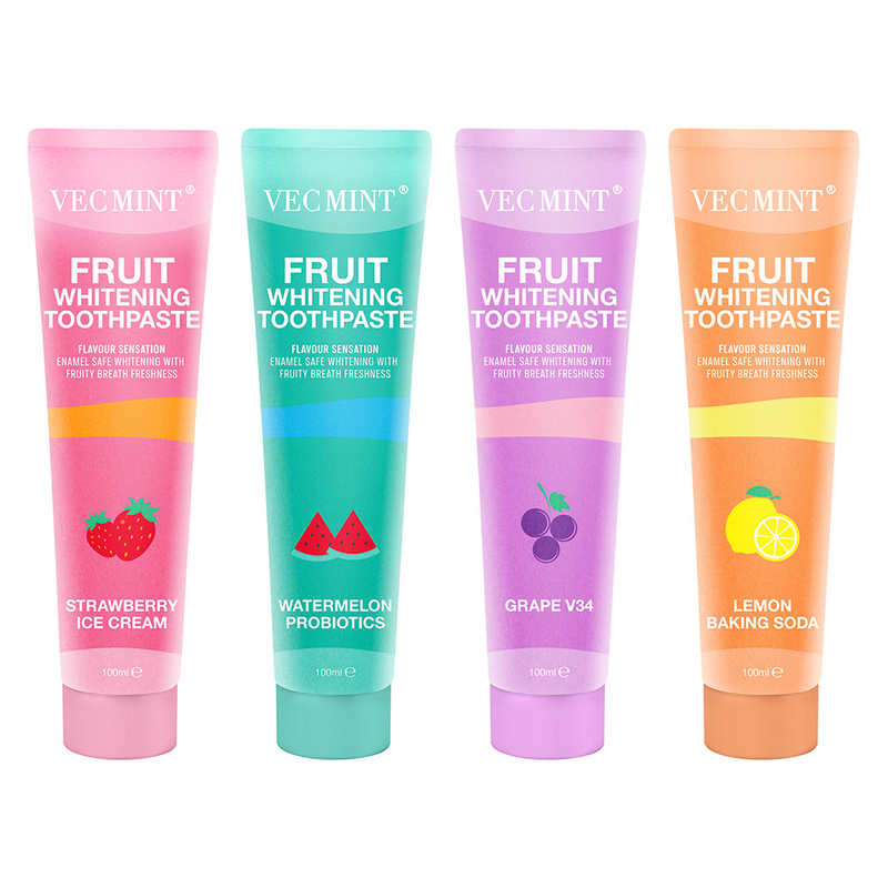 Vecmint 100 ml Fruit - Flavored Whitening Toothpaste Set - 4 heerlijke smaken, glazuur - Veilige whitening en fruitige versheid