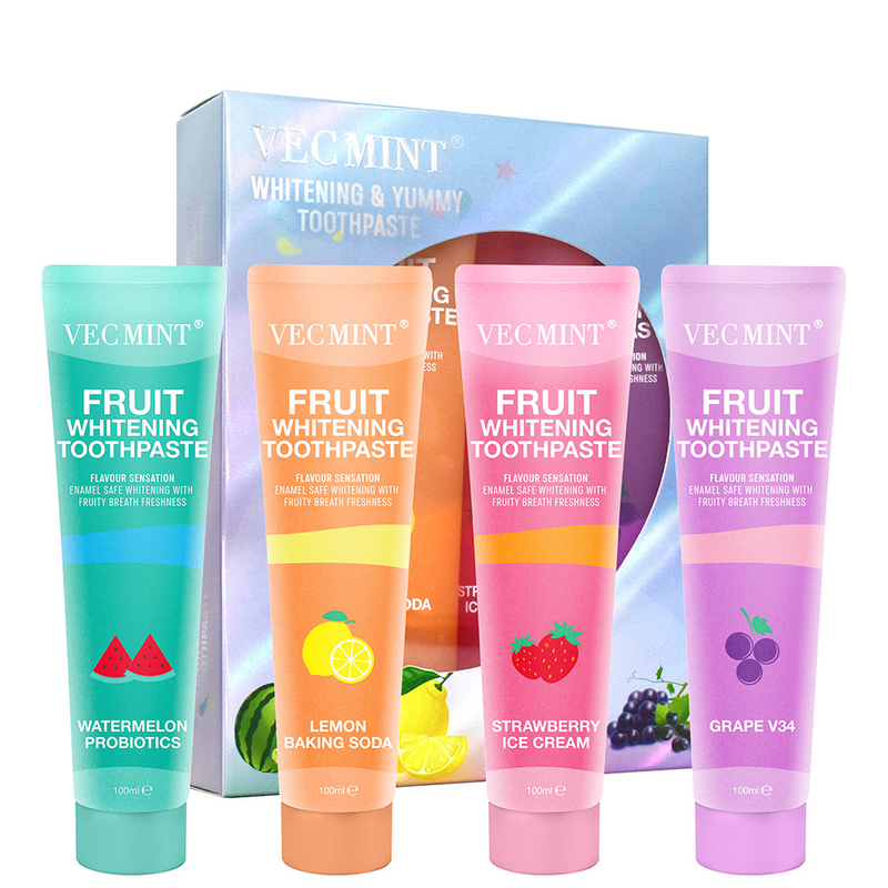 Vecmint 100 ml Fruit - Flavored Whitening Toothpaste Set - 4 heerlijke smaken, glazuur - Veilige whitening en fruitige versheid
